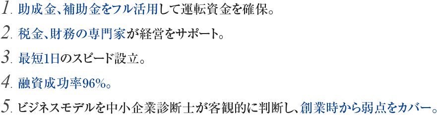 助成金、補助金をフル活用して運転資金を確保。税金、財務の専門家が経営をサポート。最短1日のスピード設立。融資成功率96%。ビジネスモデルを中小企業診断士が客観的に判断し、創業時から弱点をカバー。